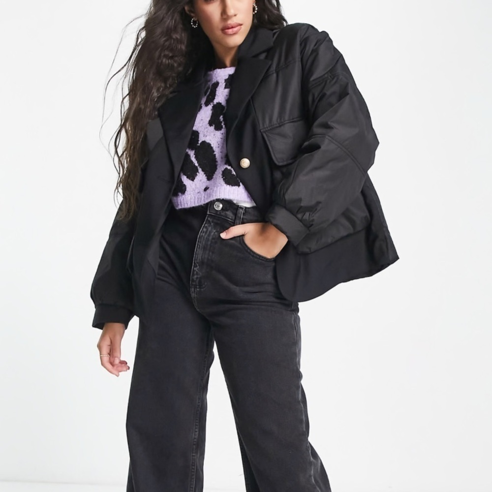 Urban Revivo Black padded jacket with contrast revere collar Blazer‎ Sz 4